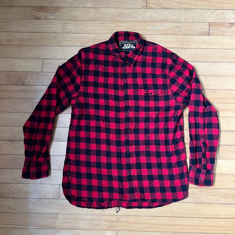 Barking Irons Red Dead Redemption Mens Large Buffalo Plaid Flannel Shirt Black
